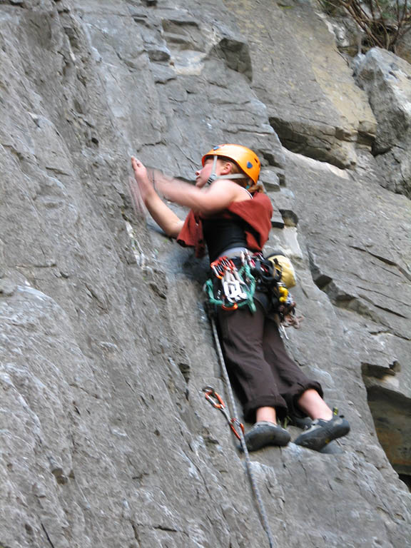Kristin leading the first pitch (5.11a) of Super Nova. (Category:  Rock Climbing)