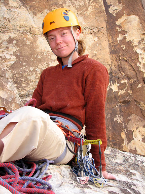 Kristin at the first belay of Triassic Sands. (Category:  Rock Climbing)