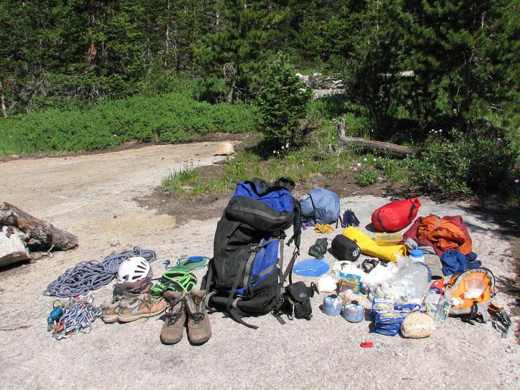 Fully unloaded pack at our Haystack campsite.  This is everything I brought, though you can't see the hat and gloves because they are in a jacket pocket. (Category:  Rock Climbing)