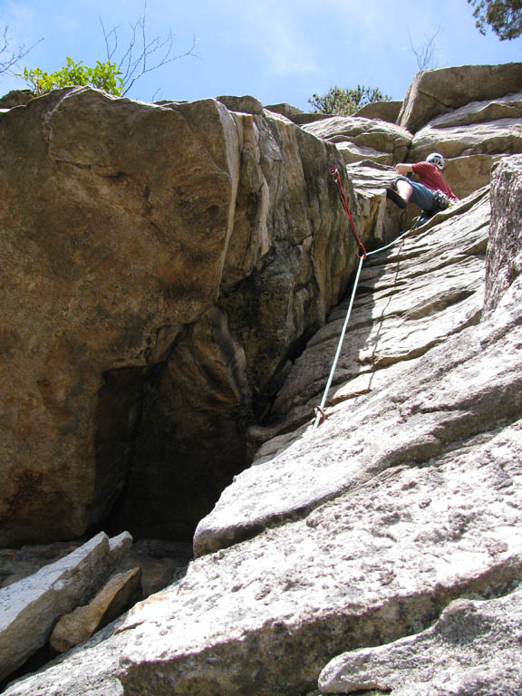 Guy leading the awkward third pitch of Maria. (Category:  Rock Climbing)