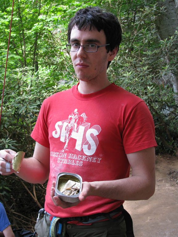Steve preparing to eat his sardines. (Category:  Rock Climbing)