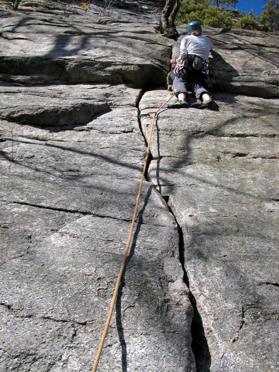 Emily's first trad lead. (Category:  Rock Climbing)