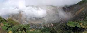 Huge panorama of the Poas volcano main crater.  Didn't turn out very well because of clouds moving between each frame. (Category:  Travel)