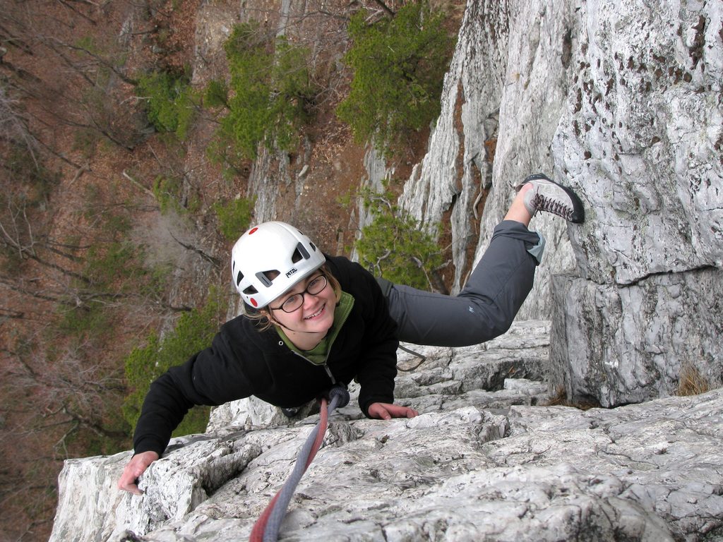 Emily at the top of the big corner on Westward Ha. (Category:  Rock Climbing)