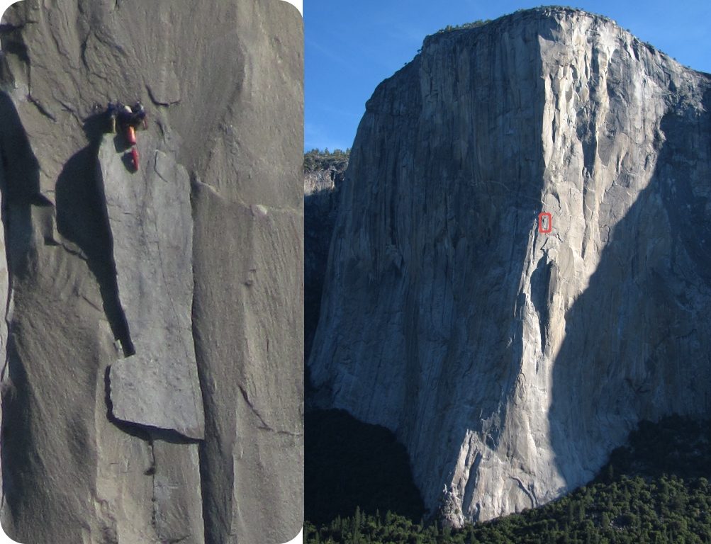 Climbers on the Boot Flake of El Cap.  Viewed from the East Buttress of Middle Cathedral. (Category:  Rock Climbing, Tree Climbing)