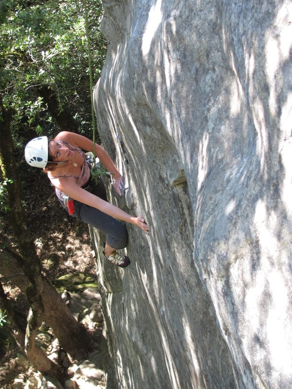Jen climbing Putrefaction. (Category:  Rock Climbing, Tree Climbing)