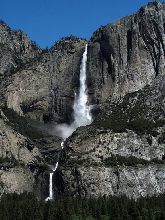 Great view of Upper and Lower Yosemite Falls, taken while climbing The Great Escape on the opposite side of the valley. (Category:  Rock Climbing, Tree Climbing)