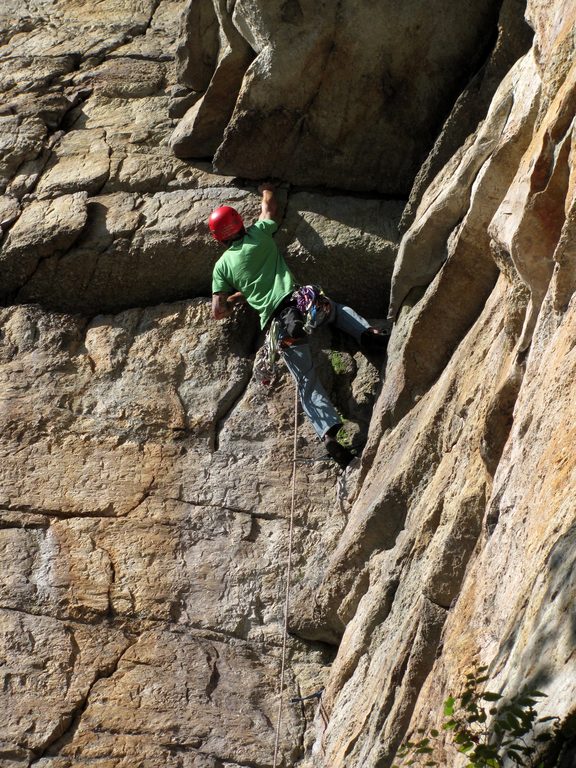 Joe at the crux of Bonnie's Roof. (Category:  Rock Climbing)