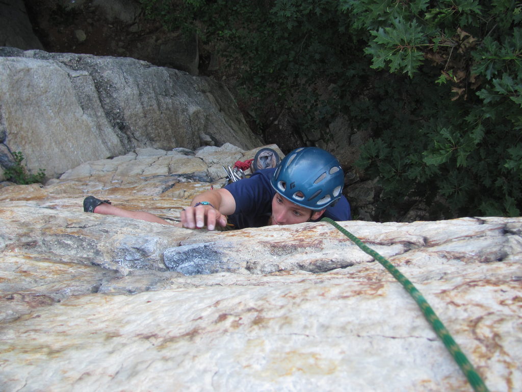 Devin on the crux of Directissima Instantly. (Category:  Rock Climbing)