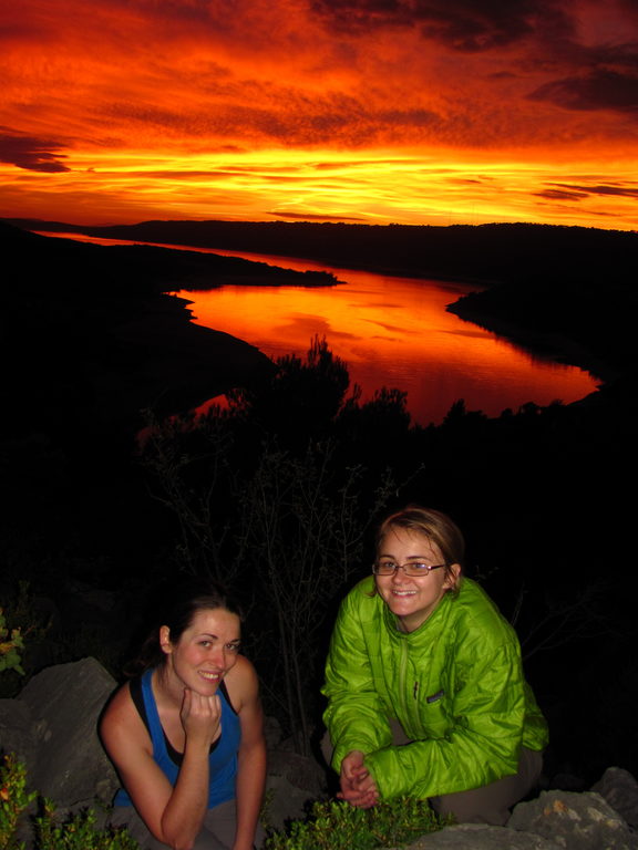 Jess and Emily with the sunset over Lac de Sainte-Croix in the background. (Category:  Travel)