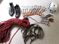 All my climbing gear for the trip.  Including the most minimal rack ever: two pounds, five ounces. (Category:  Travel)