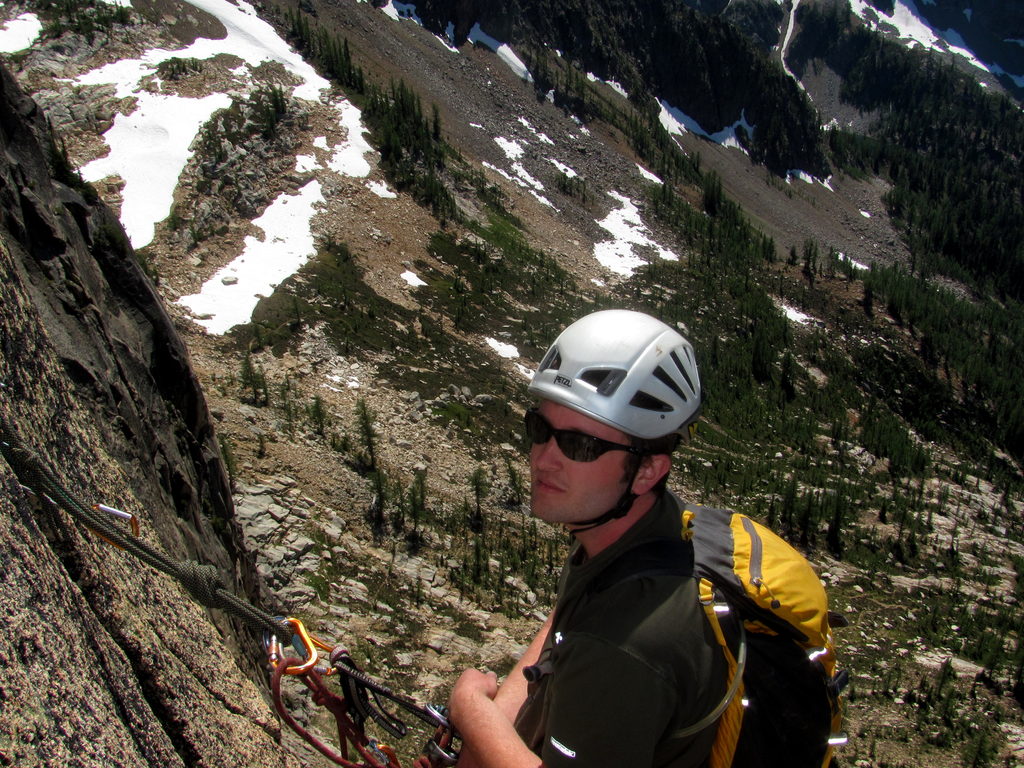 Mike on the West Face of North Early Winter Spire. (Category:  Rock Climbing)