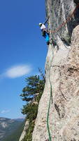 Camille leading the traverse on Pear Buttress (Category:  Climbing)