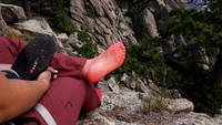 New Moccasyms turn Cathy's feet red (Category:  Climbing)