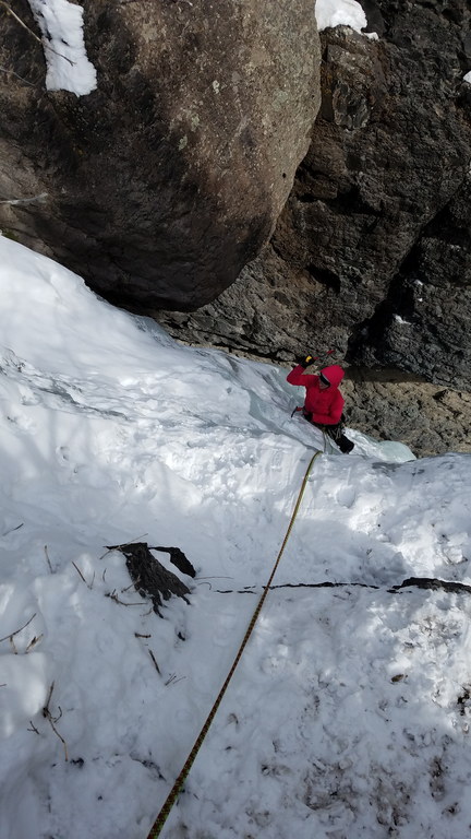 Jackie following the second pitch of Chockstone Chimney on Camp Bird Road (Category:  Ice Climbing, Skiing)